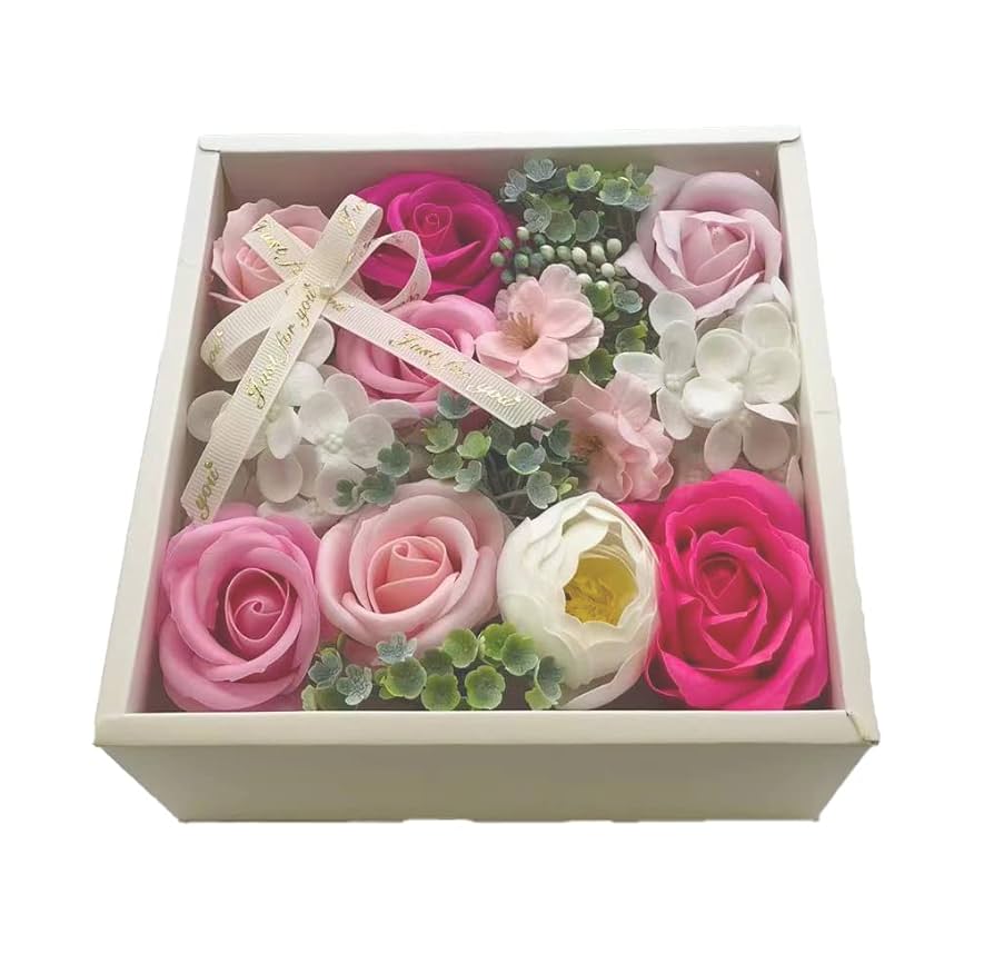 Box of pink and orange soap flowers