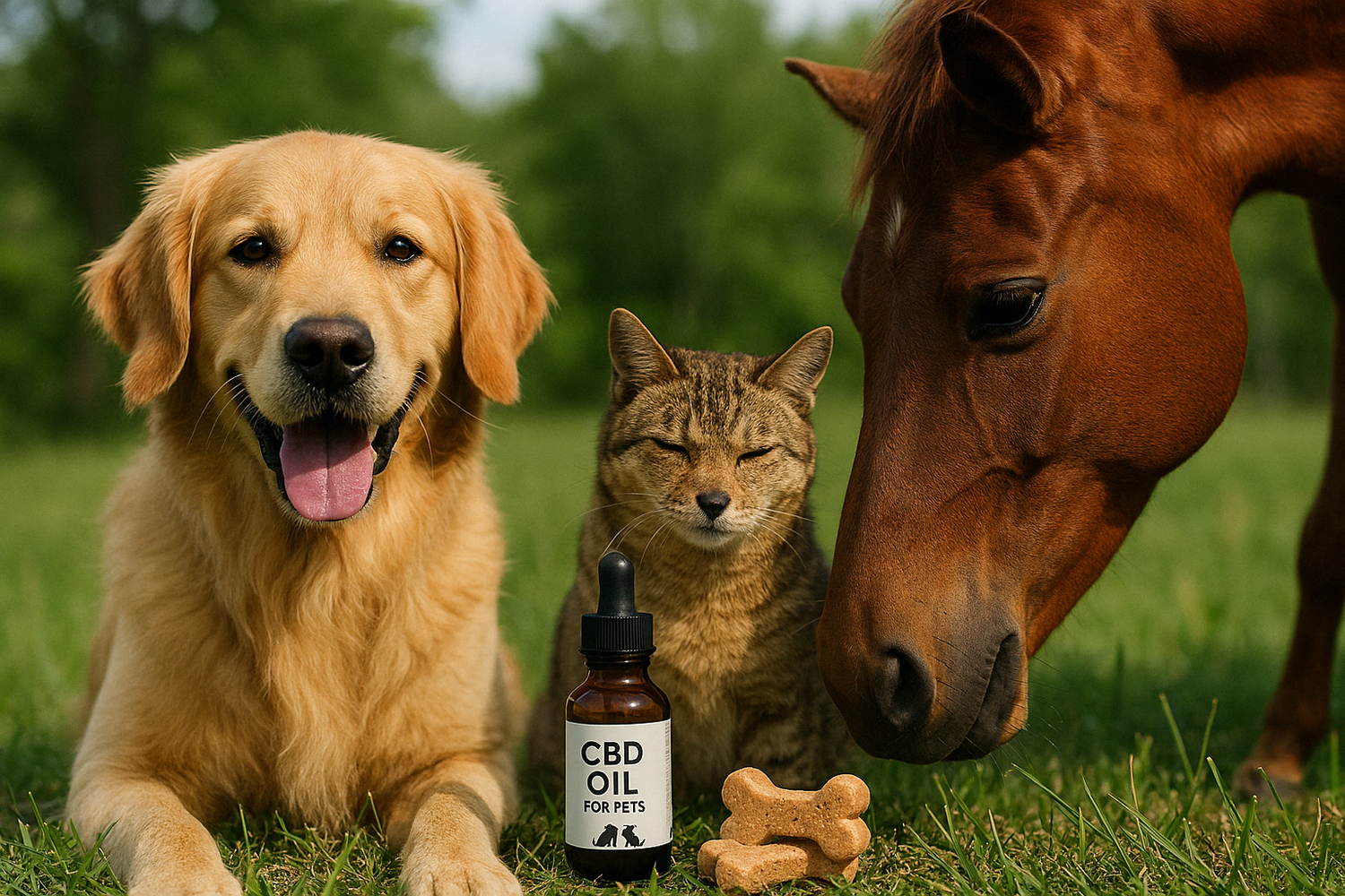 Dog, cat and horse on the grass