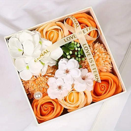 Box of pink and orange soap flowers